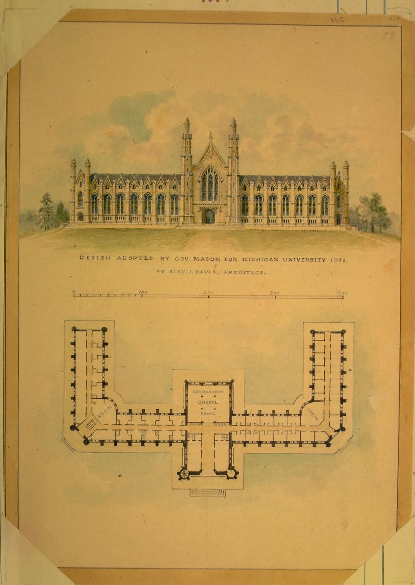 Design Adopted by Governor Mason for University of Michigan (elevation and plan), Alexander Jackson Davis (American, New York 1803–1892 West Orange, New Jersey), Ink and watercolor