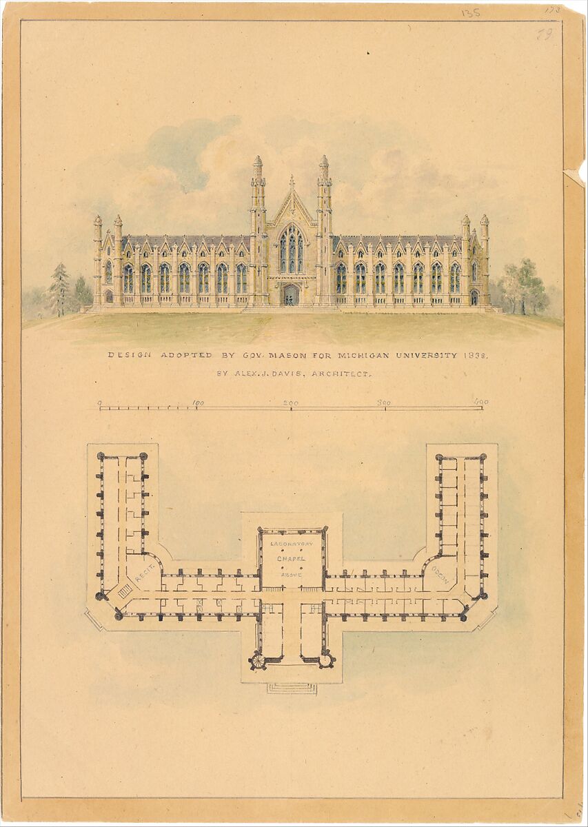 Design Adopted by Governor Mason for University of Michigan (elevation and plan), Alexander Jackson Davis (American, New York 1803–1892 West Orange, New Jersey), Ink and watercolor 