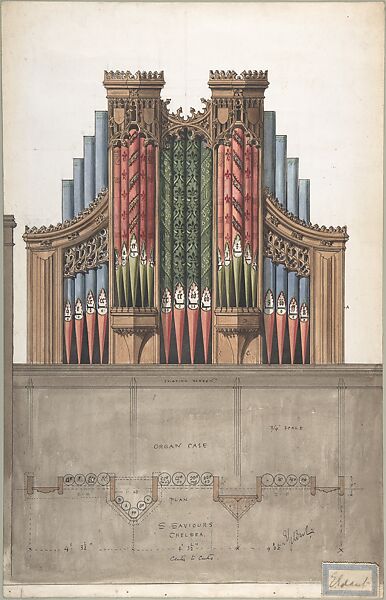 Design for an Organ Case for Saint Saviour's Church, Chelsea, London, Ernest Geldart (British, London 1848–1929), Pen and ink, brush and wash, watercolor and gouache (bodycolor), over graphite 