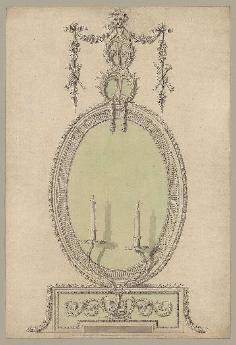 Two Designs for an Overmantel Glass (Verso: Partial Floor plan), Sir William Chambers (British (born Sweden), Göteborg 1723–1796 London), Pen and ink, brush and wash and watercolor, over graphite 