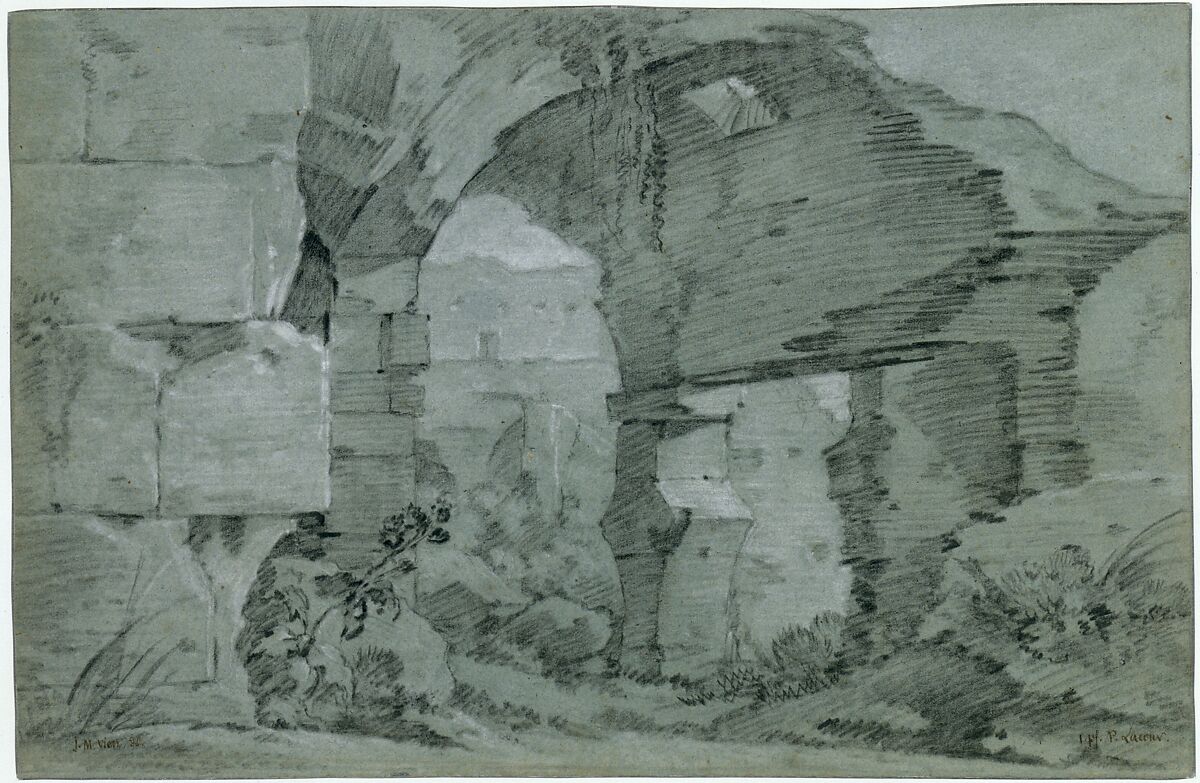 View of the Colosseum, Joseph Marie Vien (French, Montpellier 1716–1809 Paris), Black and white chalk on blue antique laid paper