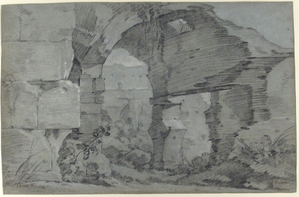 View of the Colosseum, Joseph Marie Vien (French, Montpellier 1716–1809 Paris), Black and white chalk on blue antique laid paper