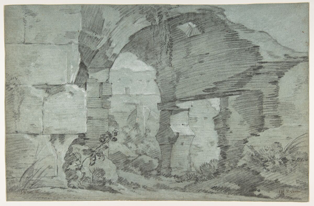 View of the Colosseum, Joseph Marie Vien (French, Montpellier 1716–1809 Paris), Black and white chalk on blue antique laid paper 