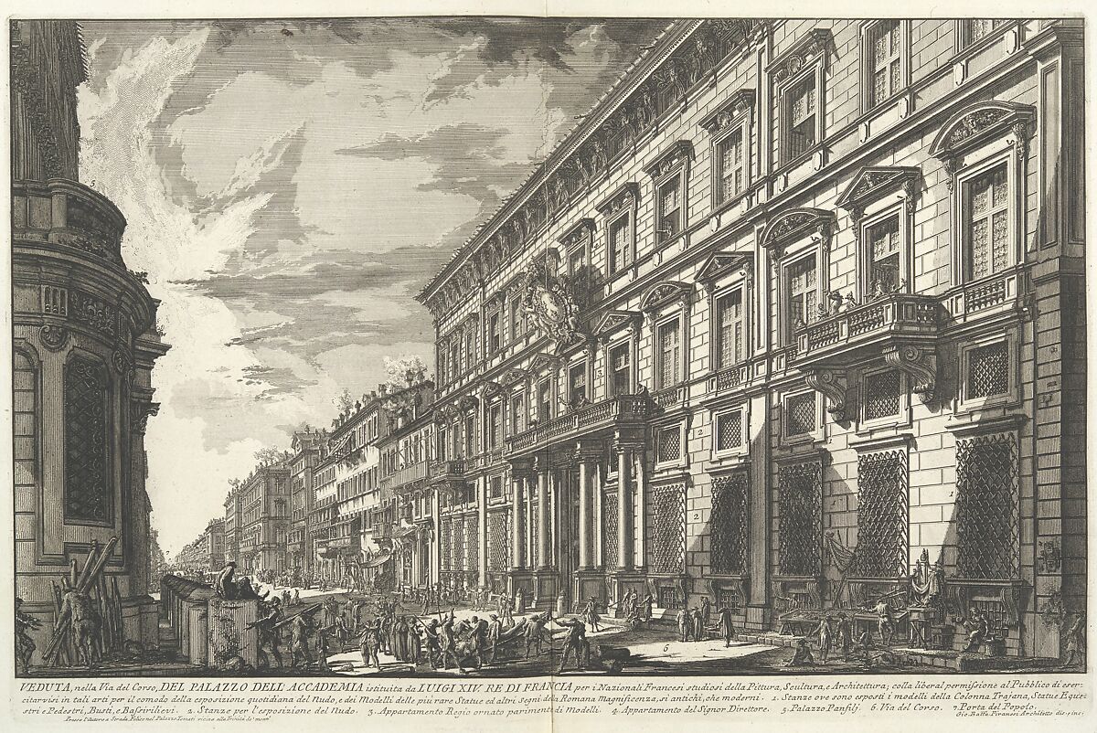 View along the Via del Corso of the Palazzo dell'Accademia, established by Louis XIV, King of France for French students of Painting, Sculpture and Architecture..., from "Vedute di Roma" (Views of Rome), part I, Giovanni Battista Piranesi (Italian, Mogliano Veneto 1720–1778 Rome), Etching; third state of five (Hind) 