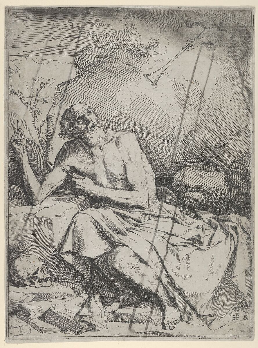 Saint Jerome Hearing the Trumpet of the Last Judgment, Jusepe de Ribera (called Lo Spagnoletto) (Spanish, Játiva 1591–1652 Naples), Etching, engraving, and drypoint; first state of two (Brown) 