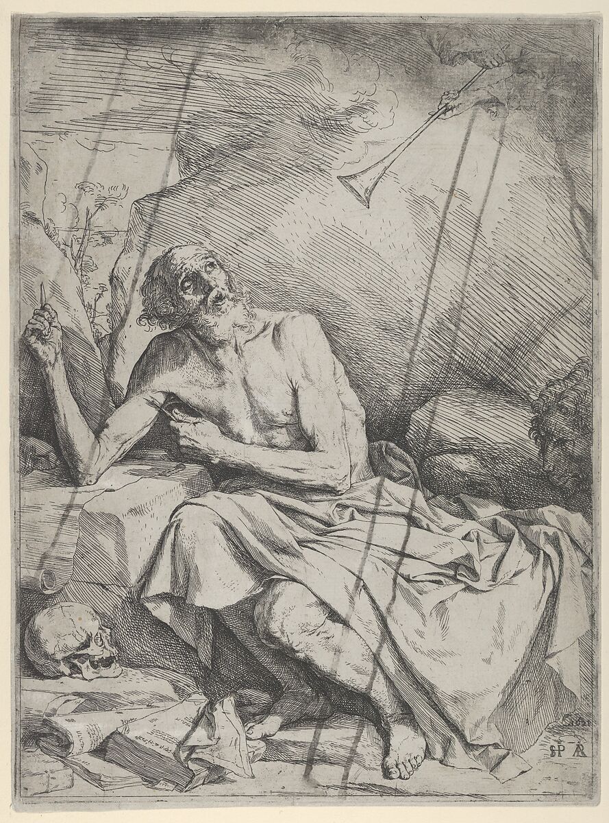 Saint Jerome Hearing the Trumpet of the Last Judgment, Jusepe de Ribera (called Lo Spagnoletto)  Spanish, Etching, engraving, and drypoint; first state of two (Brown)