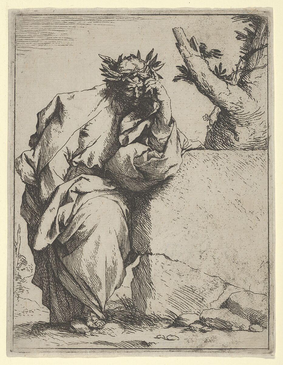 The poet, standing crowned with laurel, leaning on a stone