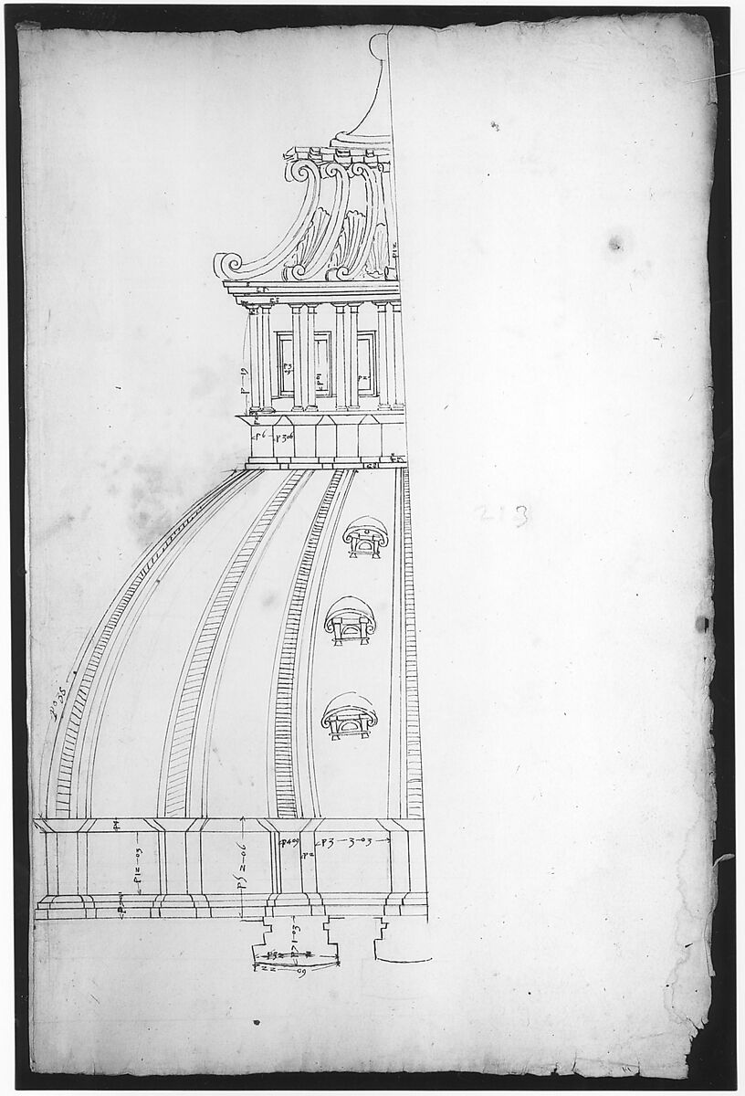 St Peter's, dome, model, half elevation (recto) blank (verso), Drawn by Anonymous, French, 16th century, Dark brown ink, black chalk, and incised lines