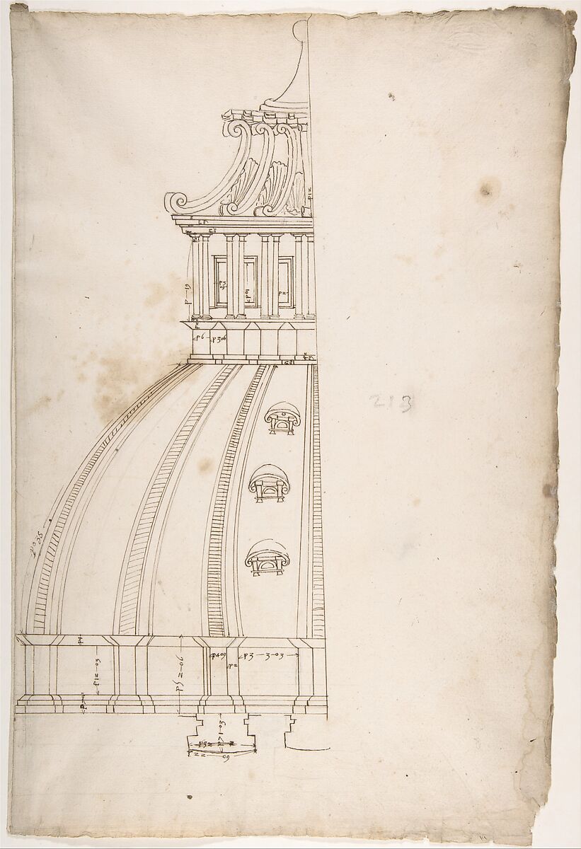 St Peter's, dome, model, half elevation (recto) blank (verso), Drawn by Anonymous, French, 16th century, Dark brown ink, black chalk, and incised lines 