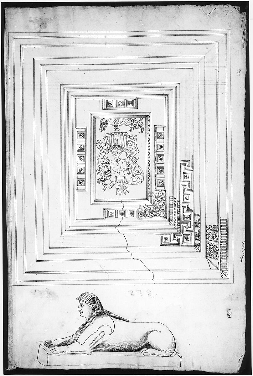 Palazzo dei Conservatori, coffered ceiling, ceiling plan and details; Sphinx, perspective view (recto) blank (verso), Drawn by Anonymous, French, 16th century, Dark brown ink, black chalk, and incised lines