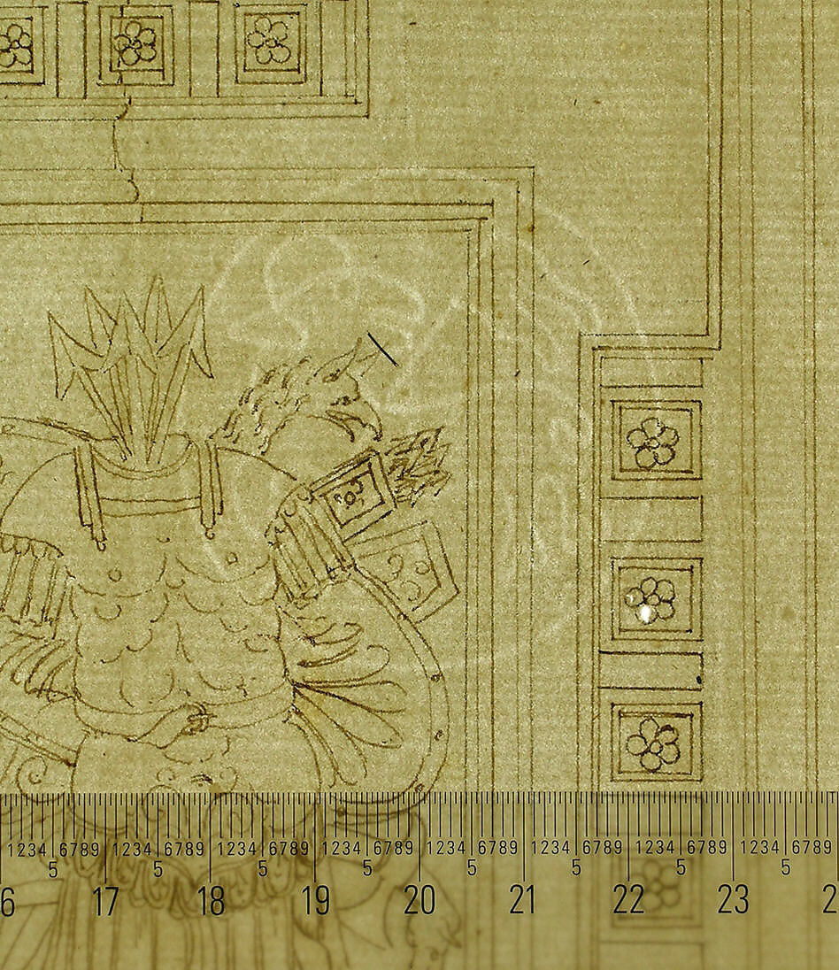 Palazzo dei Conservatori, coffered ceiling, ceiling plan and details; Sphinx, perspective view (recto) blank (verso), Drawn by Anonymous, French, 16th century, Dark brown ink, black chalk, and incised lines