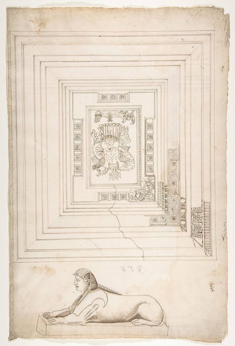 Palazzo dei Conservatori, coffered ceiling, ceiling plan and details; Sphinx, perspective view (recto) blank (verso), Drawn by Anonymous, French, 16th century, Dark brown ink, black chalk, and incised lines 