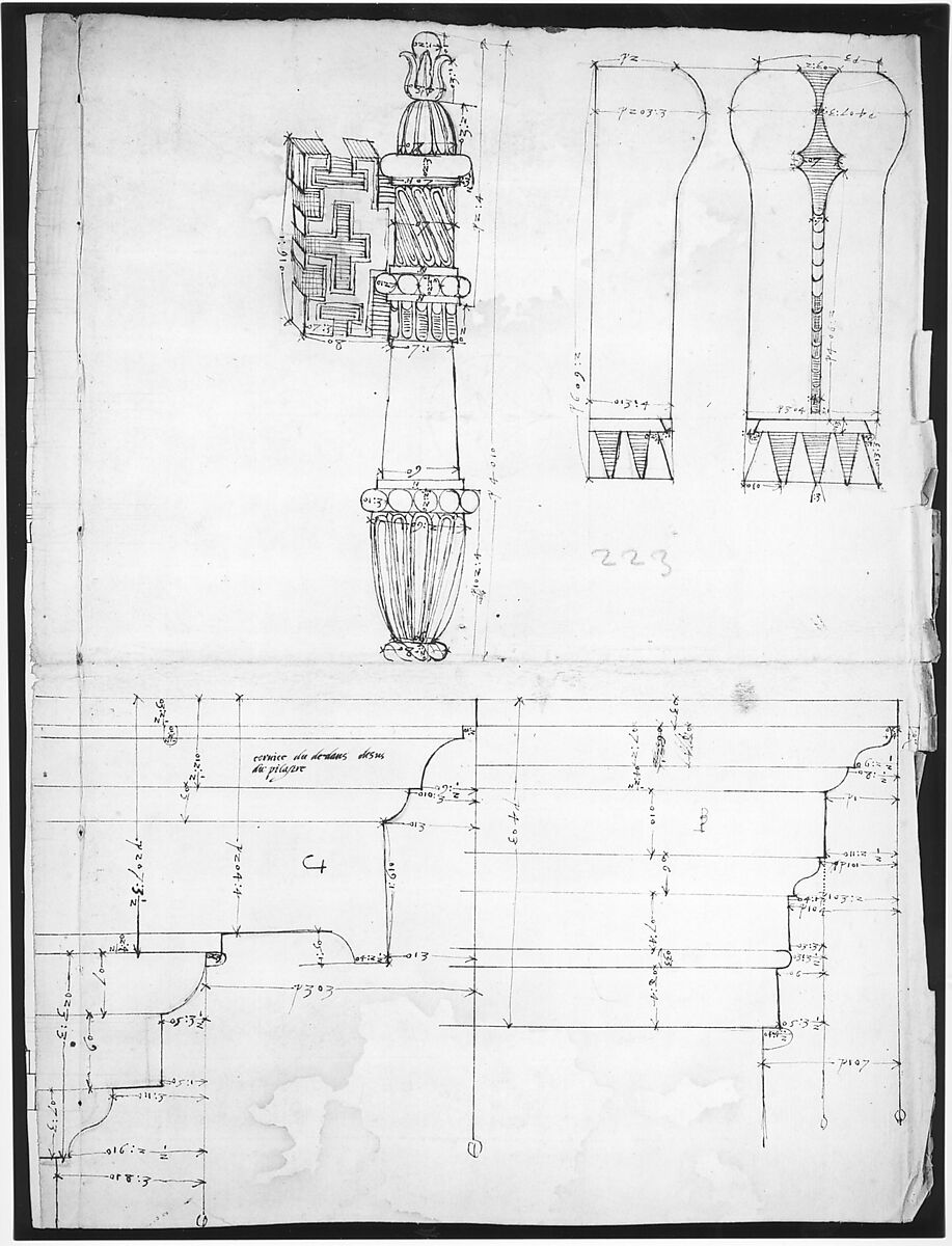 St. Peter's, cornice and architrave, profile; key, elevation; triglyph and guttae, elevation and section (recto) blank (verso), Drawn by Anonymous, French, 16th century, Dark brown ink, black chalk, and incised lines