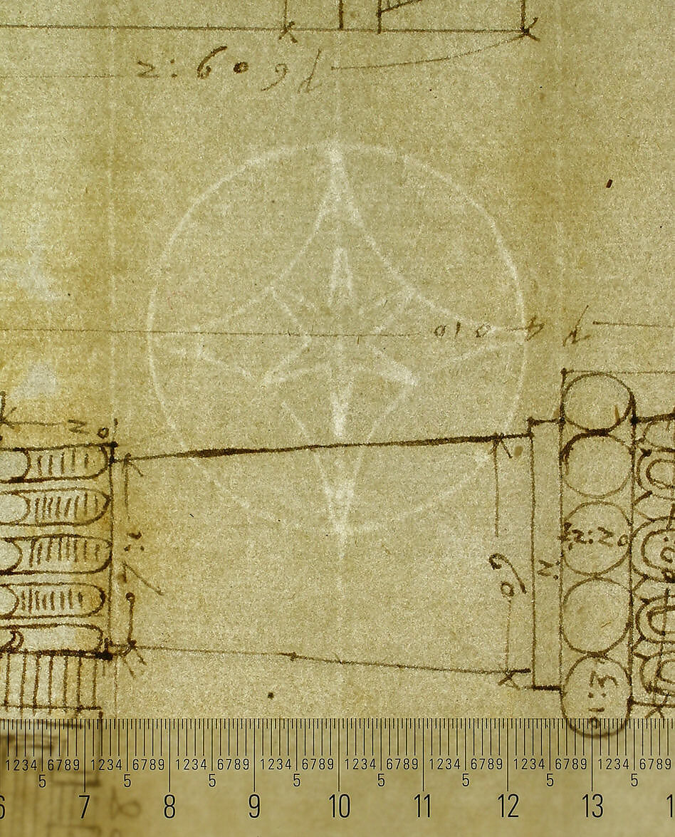 St. Peter's, cornice and architrave, profile; key, elevation; triglyph and guttae, elevation and section (recto) blank (verso), Drawn by Anonymous, French, 16th century, Dark brown ink, black chalk, and incised lines