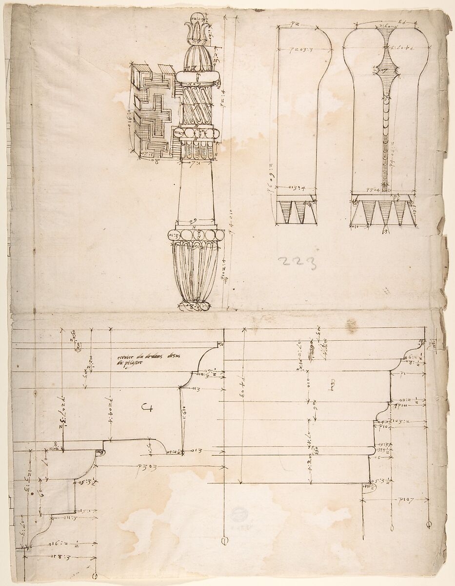 St. Peter's, cornice and architrave, profile; key, elevation; triglyph and guttae, elevation and section (recto) blank (verso), Drawn by Anonymous, French, 16th century, Dark brown ink, black chalk, and incised lines 