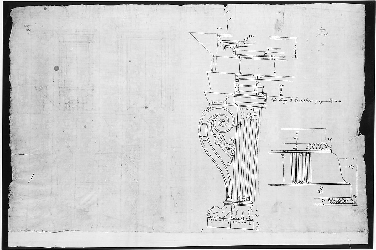 Palazzo Massimo alle Colonne, fireplace, details; Unknown, cornice, profile (recto) Palazzo Massimo alle Colonne, door and window, details (verso), Drawn by Anonymous, French, 16th century, Dark brown ink, black chalk, and incised lines