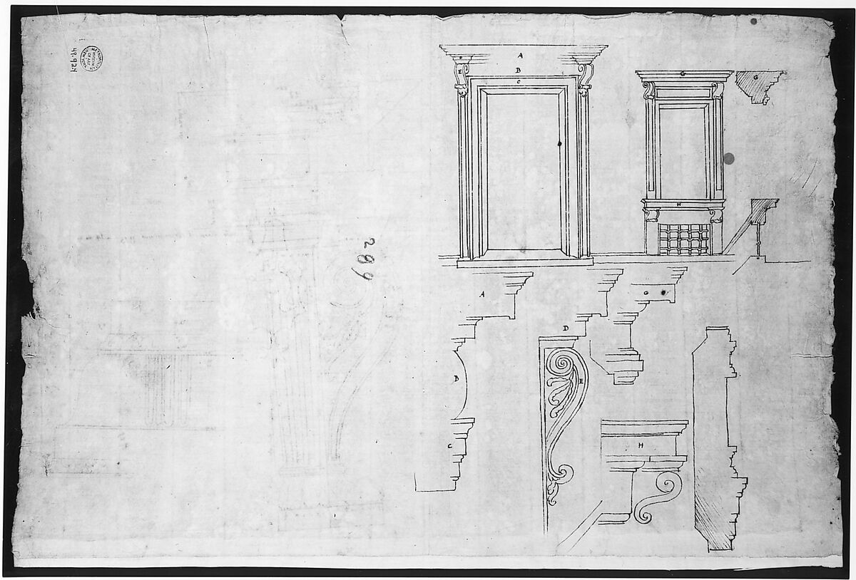 Palazzo Massimo alle Colonne, fireplace, details; Unknown, cornice, profile (recto) Palazzo Massimo alle Colonne, door and window, details (verso), Drawn by Anonymous, French, 16th century, Dark brown ink, black chalk, and incised lines