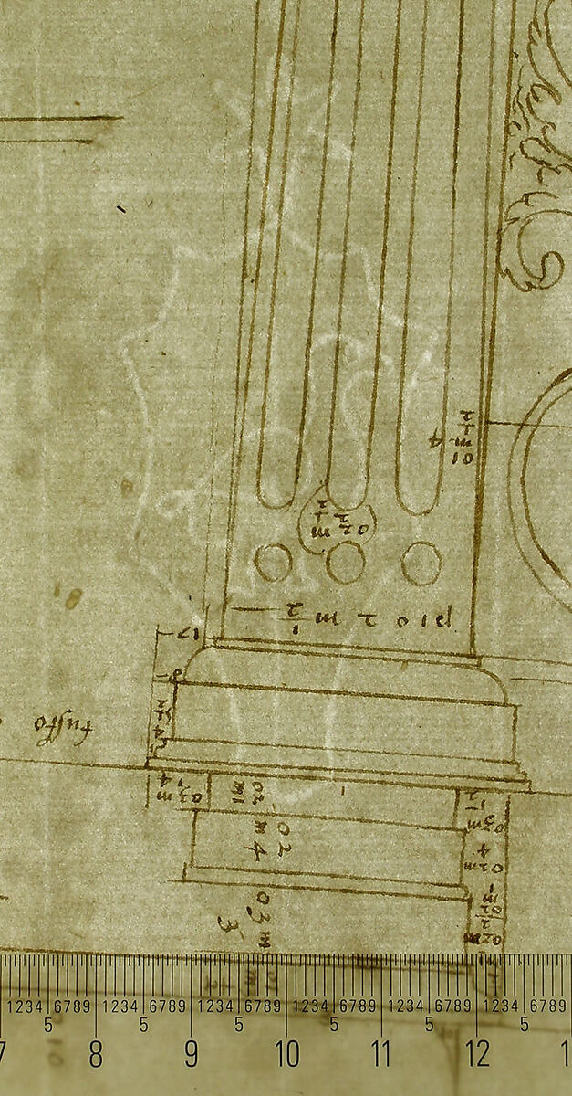 Palazzo Massimo alle Colonne, fireplace, details; Unknown, cornice, profile (recto) Palazzo Massimo alle Colonne, door and window, details (verso), Drawn by Anonymous, French, 16th century, Dark brown ink, black chalk, and incised lines