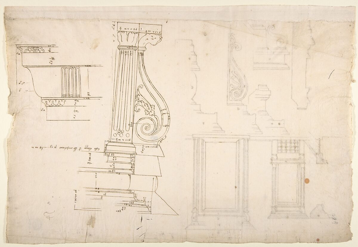 Palazzo Massimo alle Colonne, fireplace, details; Unknown, cornice, profile (recto) Palazzo Massimo alle Colonne, door and window, details (verso), Drawn by Anonymous, French, 16th century, Dark brown ink, black chalk, and incised lines 
