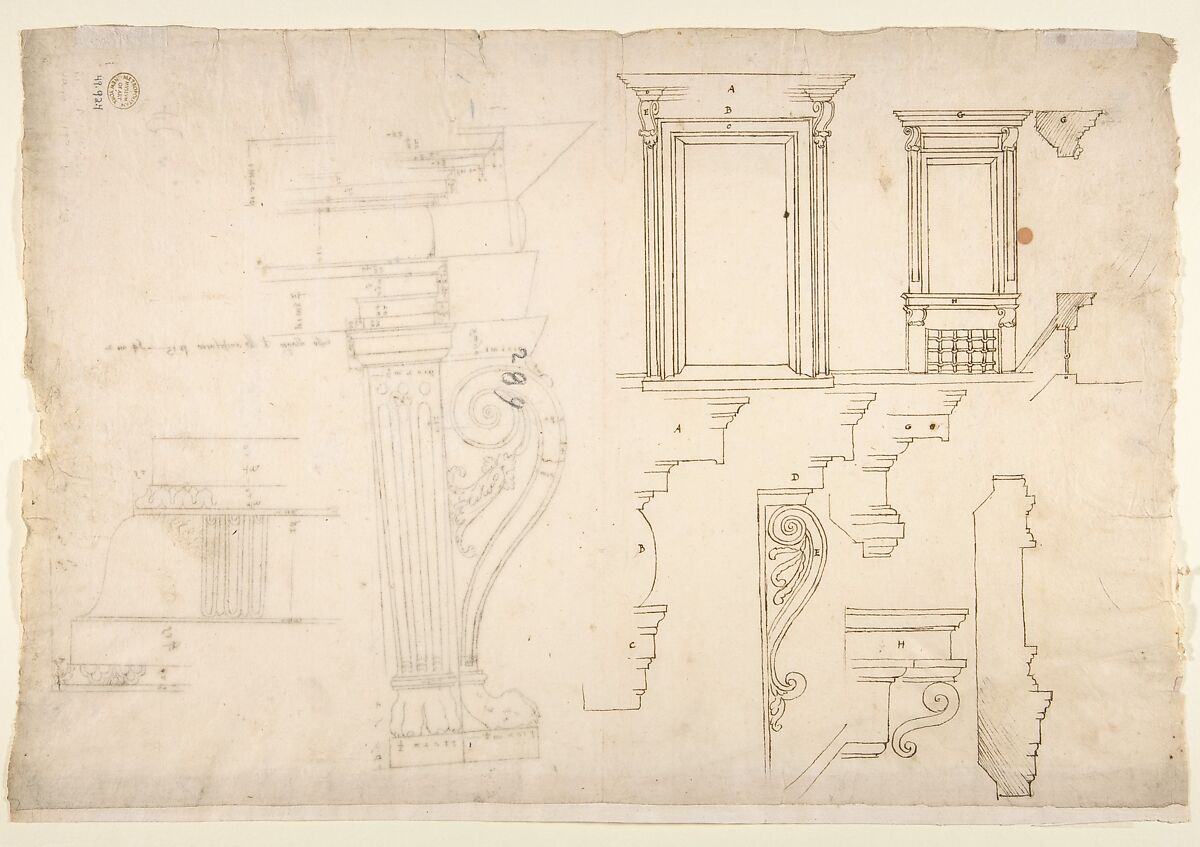 Palazzo Massimo alle Colonne, fireplace, details; Unknown, cornice, profile (recto) Palazzo Massimo alle Colonne, door and window, details (verso), Drawn by Anonymous, French, 16th century, Dark brown ink, black chalk, and incised lines