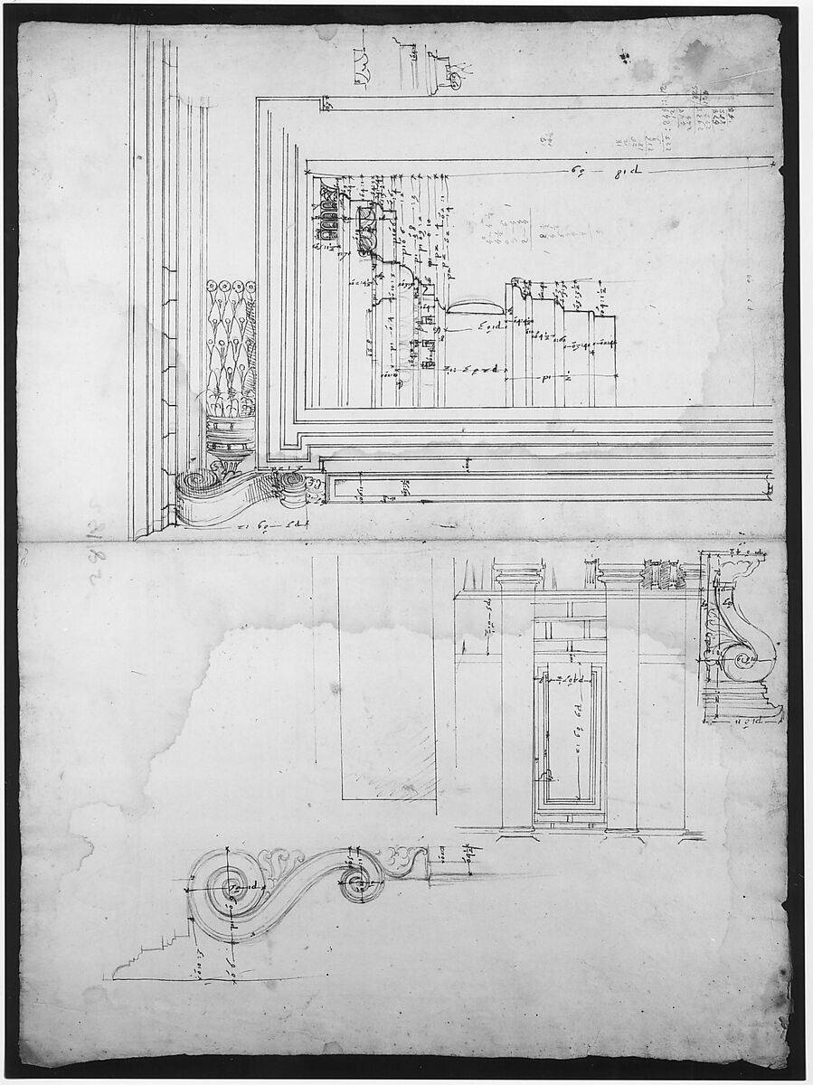 Palazzo Massimo alle Colonne, portico, elevation; portal, cornice, section; portal bracket, detail; fireplace, detail (recto) blank (verso), Drawn by Anonymous, French, 16th century, Dark brown ink, black chalk, and incised lines