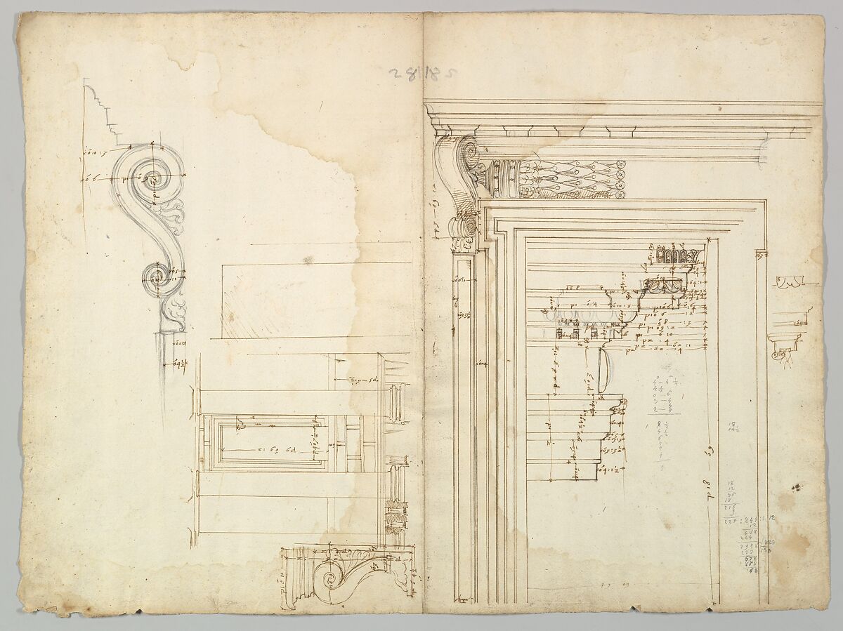 Palazzo Massimo alle Colonne, portico, elevation; portal, cornice, section; portal bracket, detail; fireplace, detail (recto) blank (verso), Drawn by Anonymous, French, 16th century, Dark brown ink, black chalk, and incised lines 