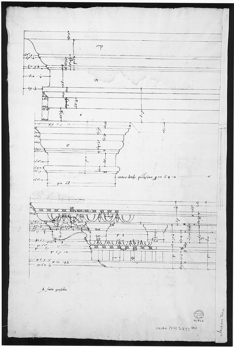Palazzo Massimo alle Colonne, entablature, elevation (recto); Portico, Doric capital and entablature, elevation and Unknown, Corinthian cornice, elevation (verso), Drawn by Anonymous, French, 16th century, Dark brown ink, black chalk, and incised lines