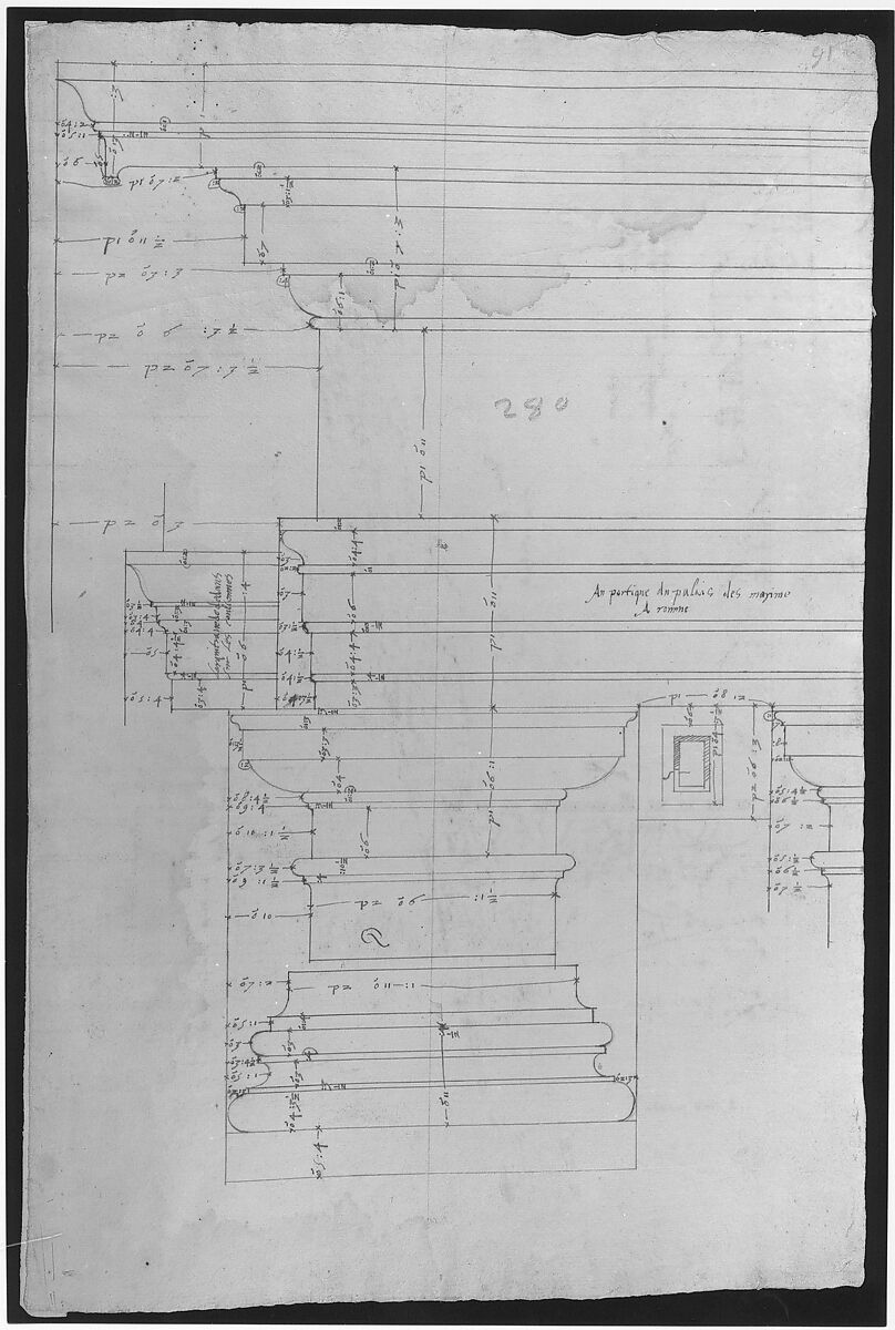 Palazzo Massimo alle Colonne, entablature, elevation (recto); Portico, Doric capital and entablature, elevation and Unknown, Corinthian cornice, elevation (verso), Drawn by Anonymous, French, 16th century, Dark brown ink, black chalk, and incised lines