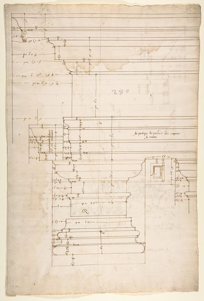 Palazzo Massimo alle Colonne, entablature, elevation (recto); Portico, Doric capital and entablature, elevation and Unknown, Corinthian cornice, elevation (verso), Drawn by Anonymous, French, 16th century, Dark brown ink, black chalk, and incised lines 
