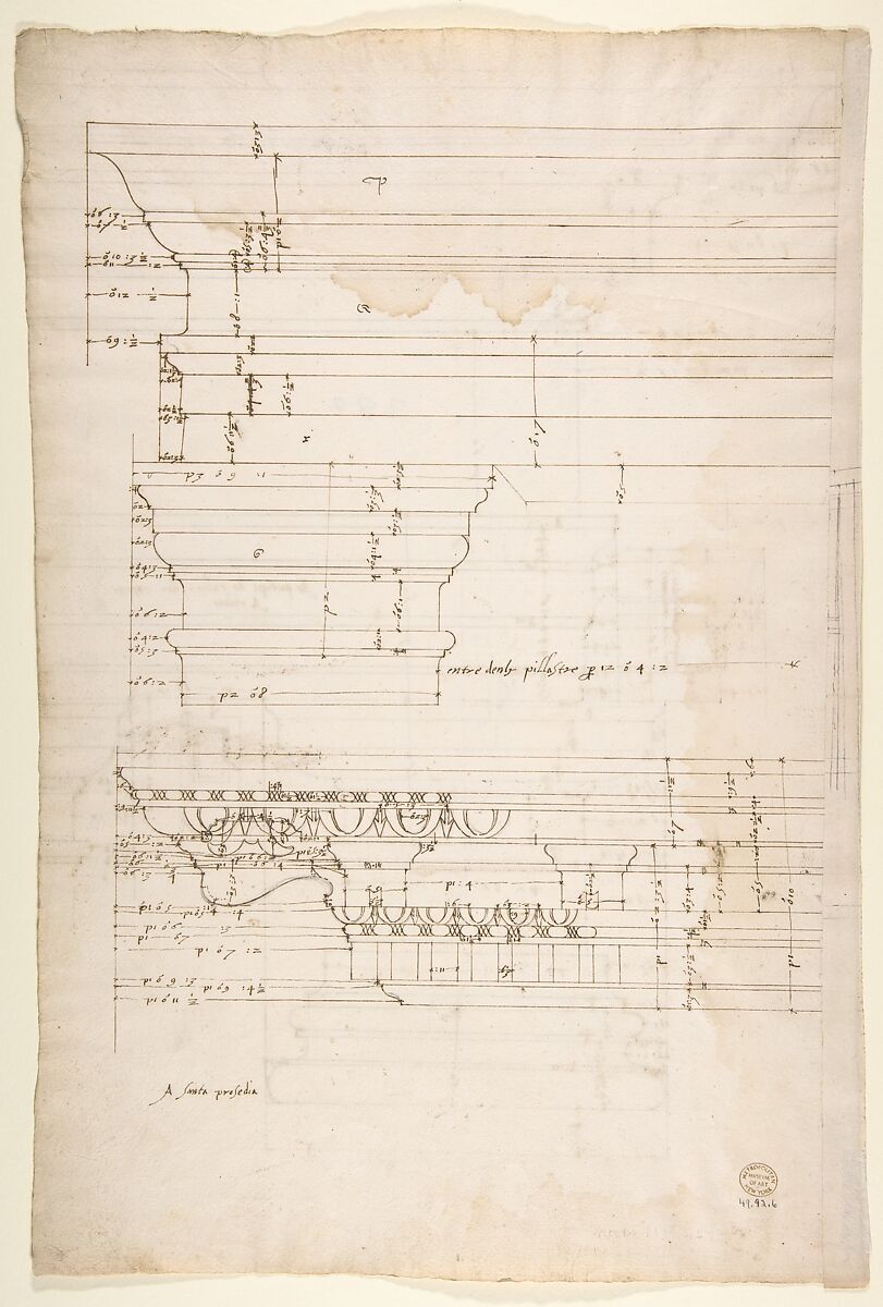 Palazzo Massimo alle Colonne, entablature, elevation (recto); Portico, Doric capital and entablature, elevation and Unknown, Corinthian cornice, elevation (verso), Drawn by Anonymous, French, 16th century, Dark brown ink, black chalk, and incised lines