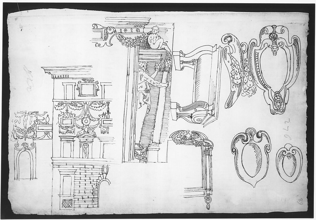 Palazzo Capodiferro (Spada), partial elevation, details; Santa Trinità dei Monti, Orsini Chapel, frame, elevation; various details, perspective (recto) blank (verso), Drawn by Anonymous, French, 16th century, Dark brown ink, black chalk, and incised lines