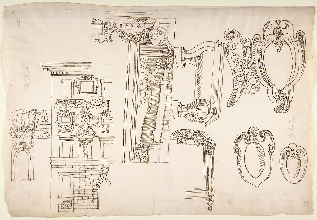 Palazzo Capodiferro (Spada), partial elevation, details; Santa Trinità dei Monti, Orsini Chapel, frame, elevation; various details, perspective (recto) blank (verso), Drawn by Anonymous, French, 16th century, Dark brown ink, black chalk, and incised lines 