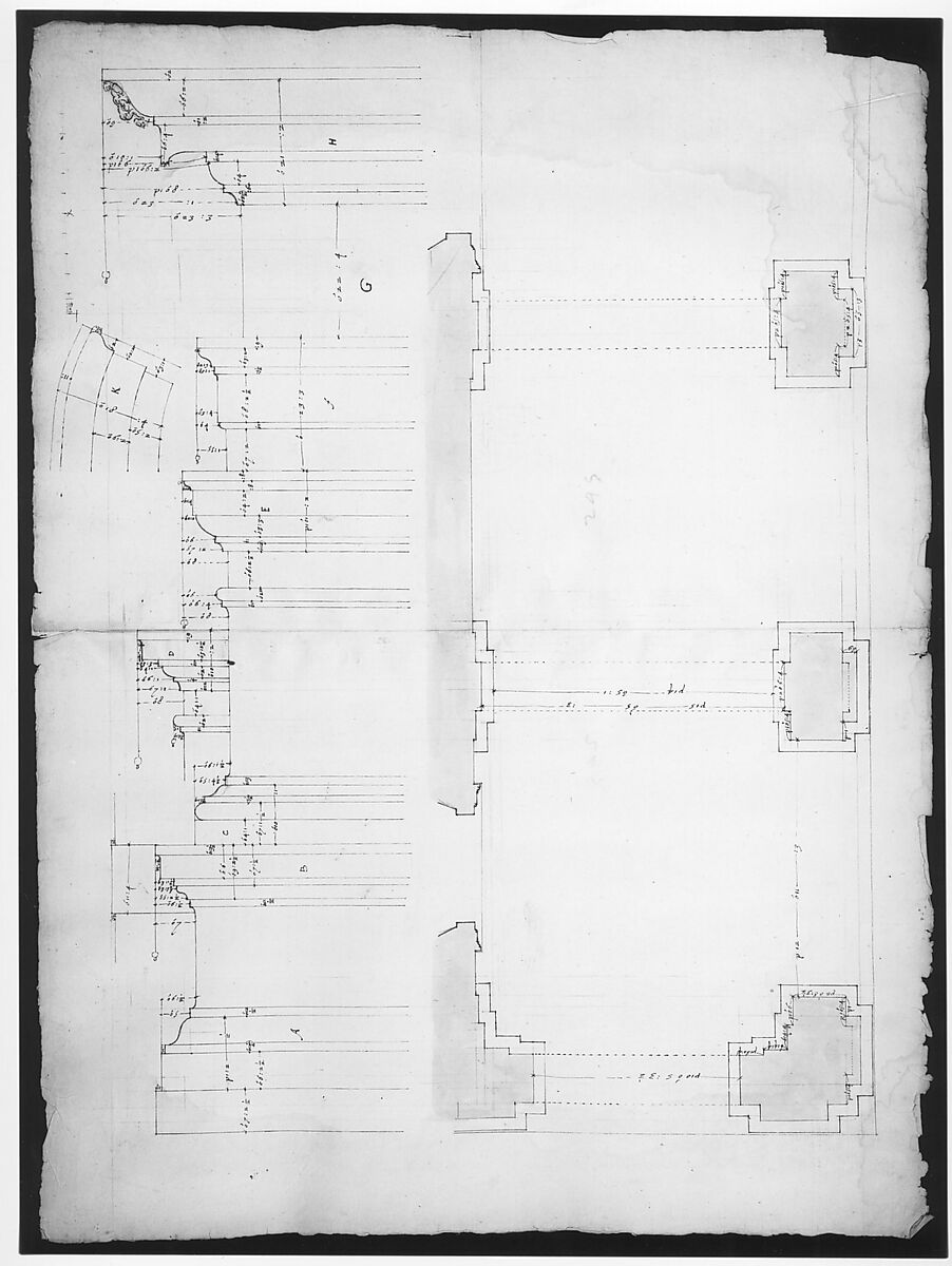 S. Maria in Domnica, portico, plan; details, profile (recto) blank (verso), Drawn by Anonymous, French, 16th century, Dark brown ink, black chalk, and incised lines