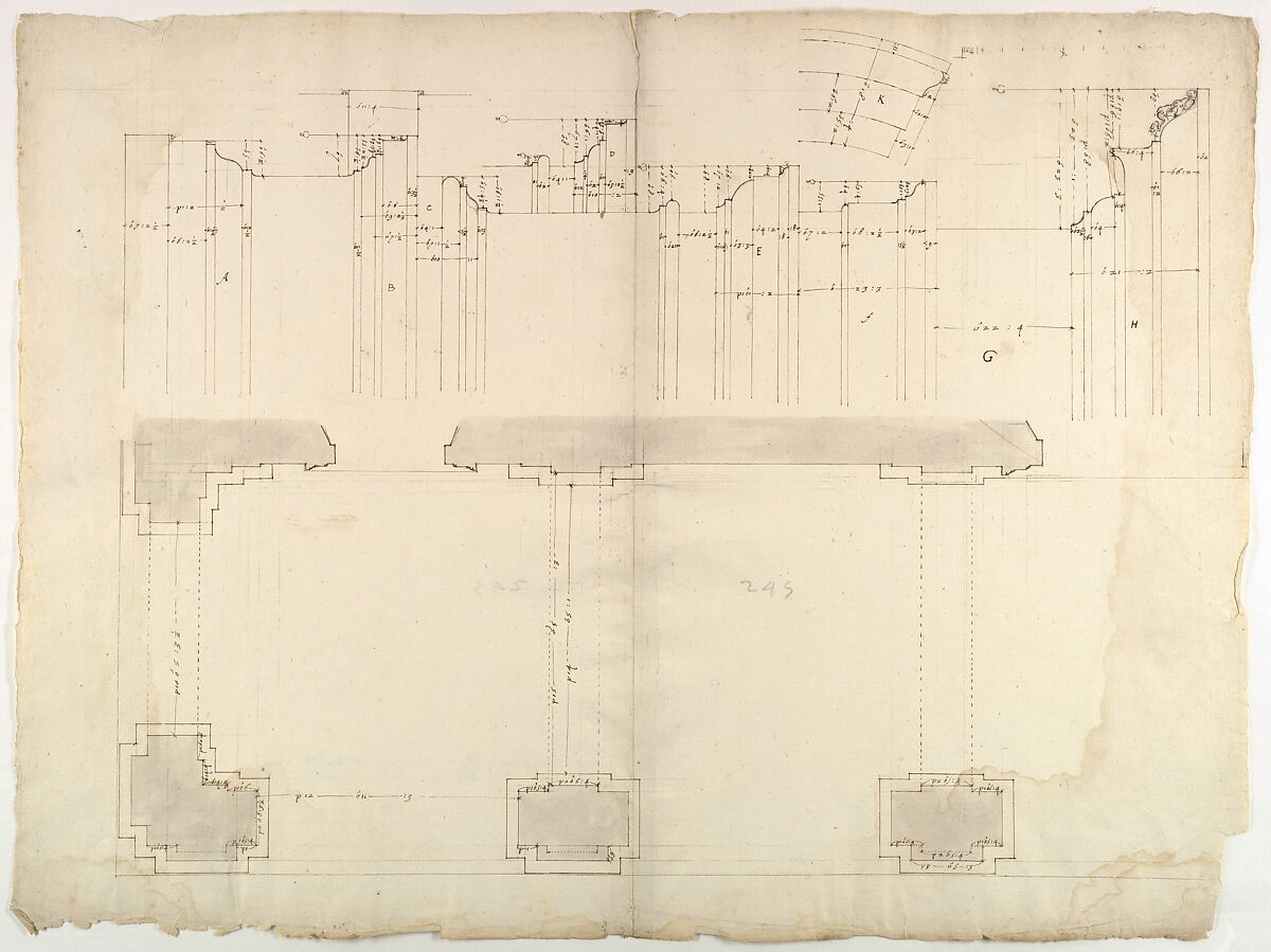 S. Maria in Domnica, portico, plan; details, profile (recto) blank (verso), Drawn by Anonymous, French, 16th century, Dark brown ink, black chalk, and incised lines 