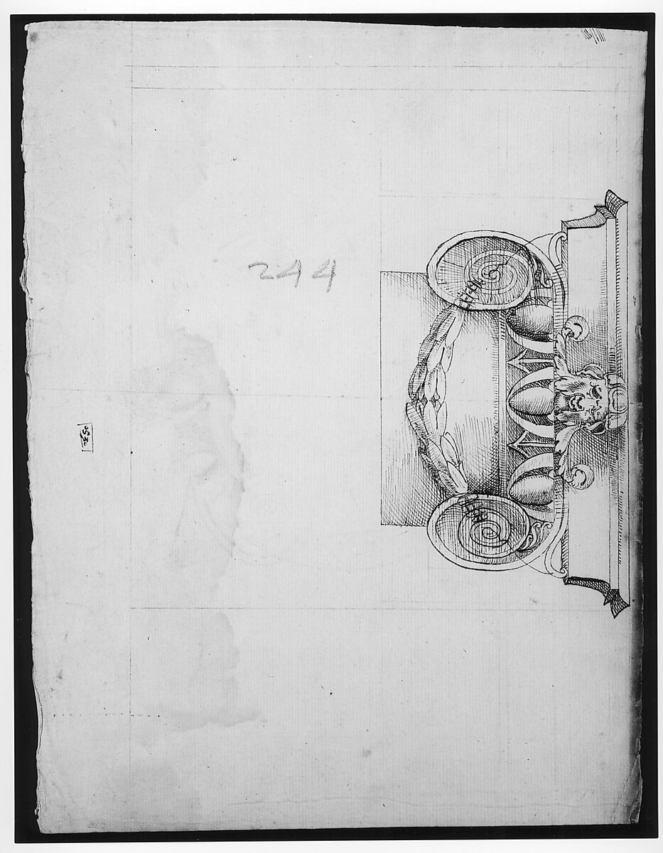 Palazzo dei Conservatori, Ionic capital, elevation (recto) Palazzo dei Conservatori, Ionic capital, plan and projection (verso), Drawn by Anonymous, French, 16th century, Pen and brown ink