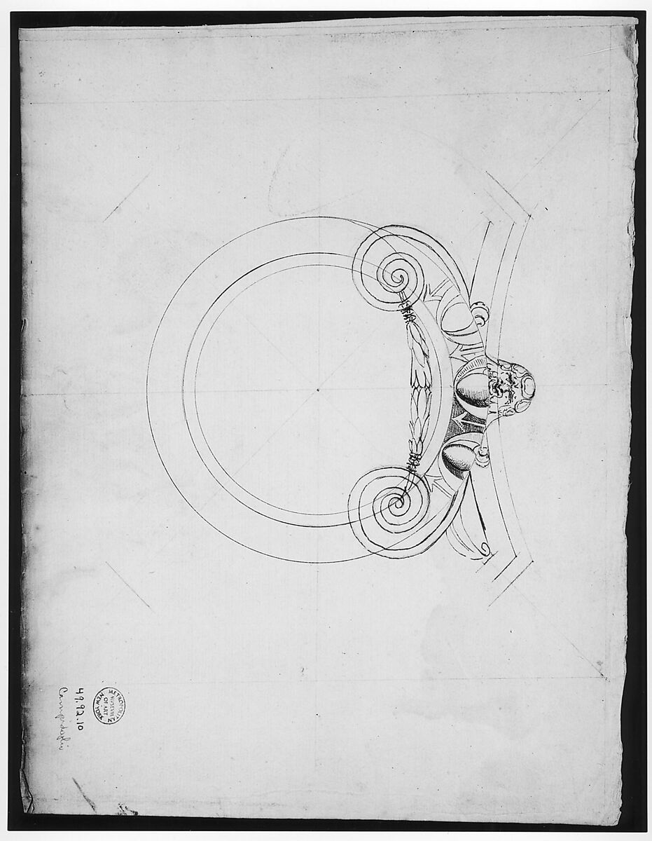 Palazzo dei Conservatori, Ionic capital, elevation (recto) Palazzo dei Conservatori, Ionic capital, plan and projection (verso), Drawn by Anonymous, French, 16th century, Pen and brown ink