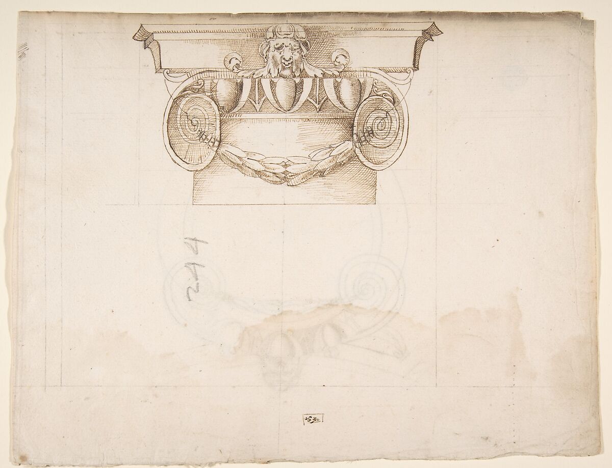 Palazzo dei Conservatori, Ionic capital, elevation (recto) Palazzo dei Conservatori, Ionic capital, plan and projection (verso), Drawn by Anonymous, French, 16th century, Pen and brown ink 