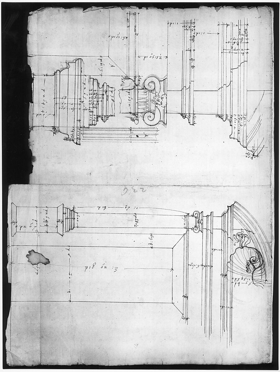 Palazzo dei Conservatori, window, elevation; window, details, elevation (recto) blank (verso), Drawn by Anonymous, French, 16th century, Pen and brown ink