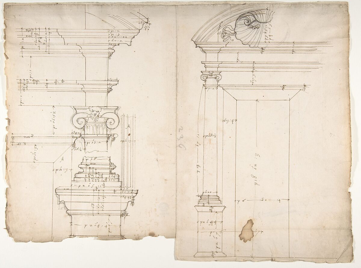 Palazzo dei Conservatori, window, elevation; window, details, elevation (recto) blank (verso), Drawn by Anonymous, French, 16th century, Pen and brown ink 