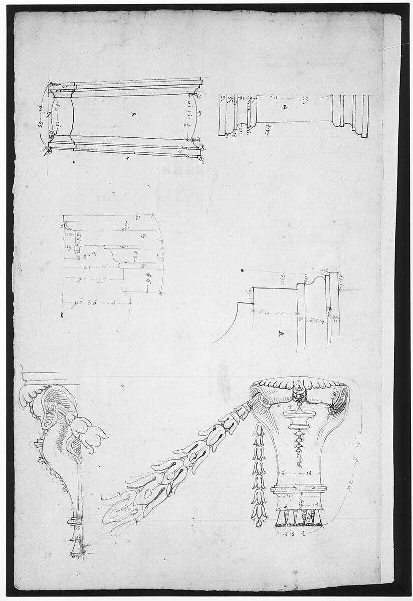 St Peter's apse, exterior niche section and details (recto) St Peter's apse, exterior niche elevation and profiles of details (verso), Drawn by Anonymous, French, 16th century, Dark brown ink, black chalk, and incised lines