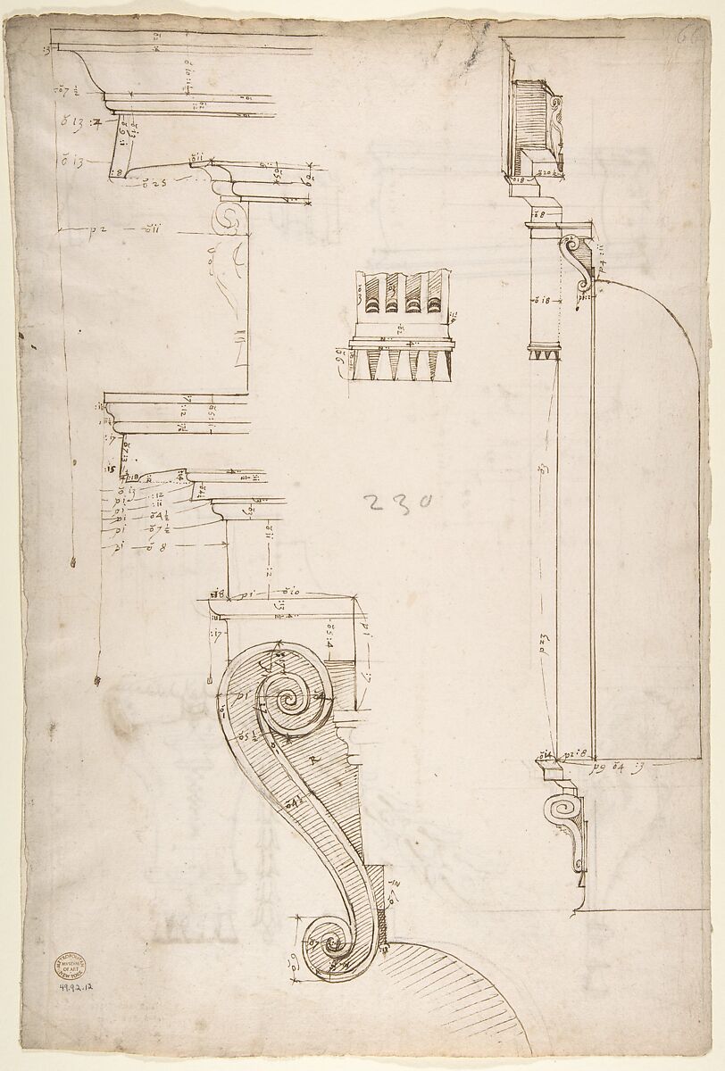 St Peter's apse, exterior niche section and details (recto) St Peter's apse, exterior niche elevation and profiles of details (verso), Drawn by Anonymous, French, 16th century, Dark brown ink, black chalk, and incised lines 