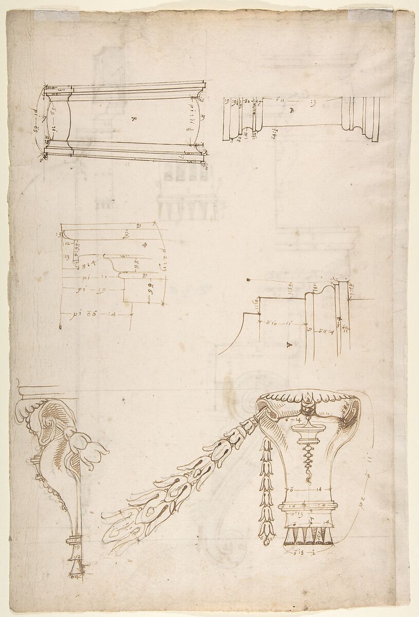 St Peter's apse, exterior niche section and details (recto) St Peter's apse, exterior niche elevation and profiles of details (verso), Drawn by Anonymous, French, 16th century, Dark brown ink, black chalk, and incised lines