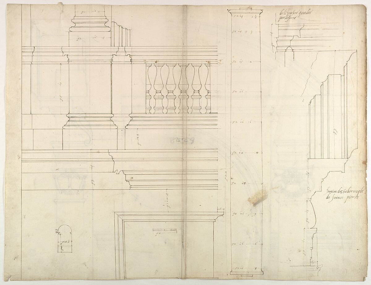 St. Peter's, exterior, tabernacle, elevation and section at base with details of pedestal and railing, (recto)
St. Peter's, exterior, tabernacle, elevation and section at arched opening (verso), Drawn by Anonymous, French, 16th century, Dark brown ink, black chalk, and incised lines 
