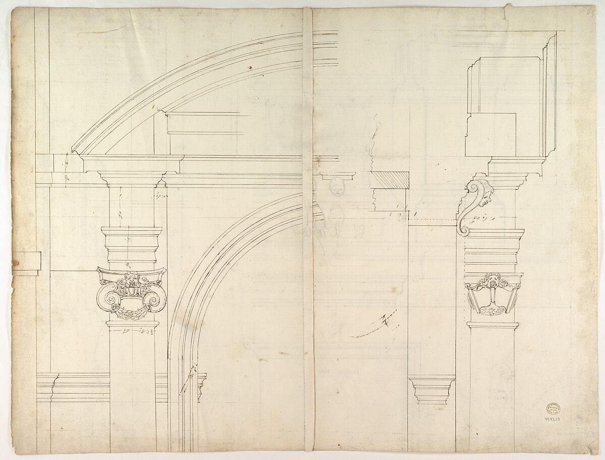 St. Peter's, exterior, tabernacle, elevation and section at base with details of pedestal and railing, (recto)
St. Peter's, exterior, tabernacle, elevation and section at arched opening (verso), Drawn by Anonymous, French, 16th century, Dark brown ink, black chalk, and incised lines