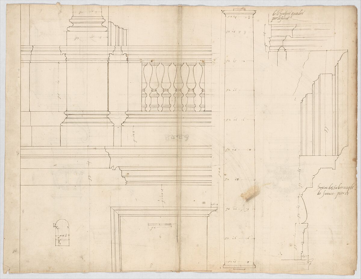 St. Peter's, exterior, tabernacle, elevation and section at base with details of pedestal and railing, (recto)
St. Peter's, exterior, tabernacle, elevation and section at arched opening (verso), Drawn by Anonymous, French, 16th century, Dark brown ink, black chalk, and incised lines