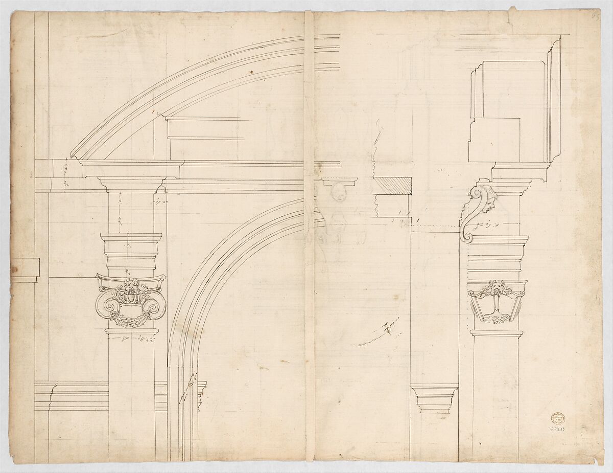 St. Peter's, exterior, tabernacle, elevation and section at base with details of pedestal and railing, (recto)
St. Peter's, exterior, tabernacle, elevation and section at arched opening (verso), Drawn by Anonymous, French, 16th century, Dark brown ink, black chalk, and incised lines