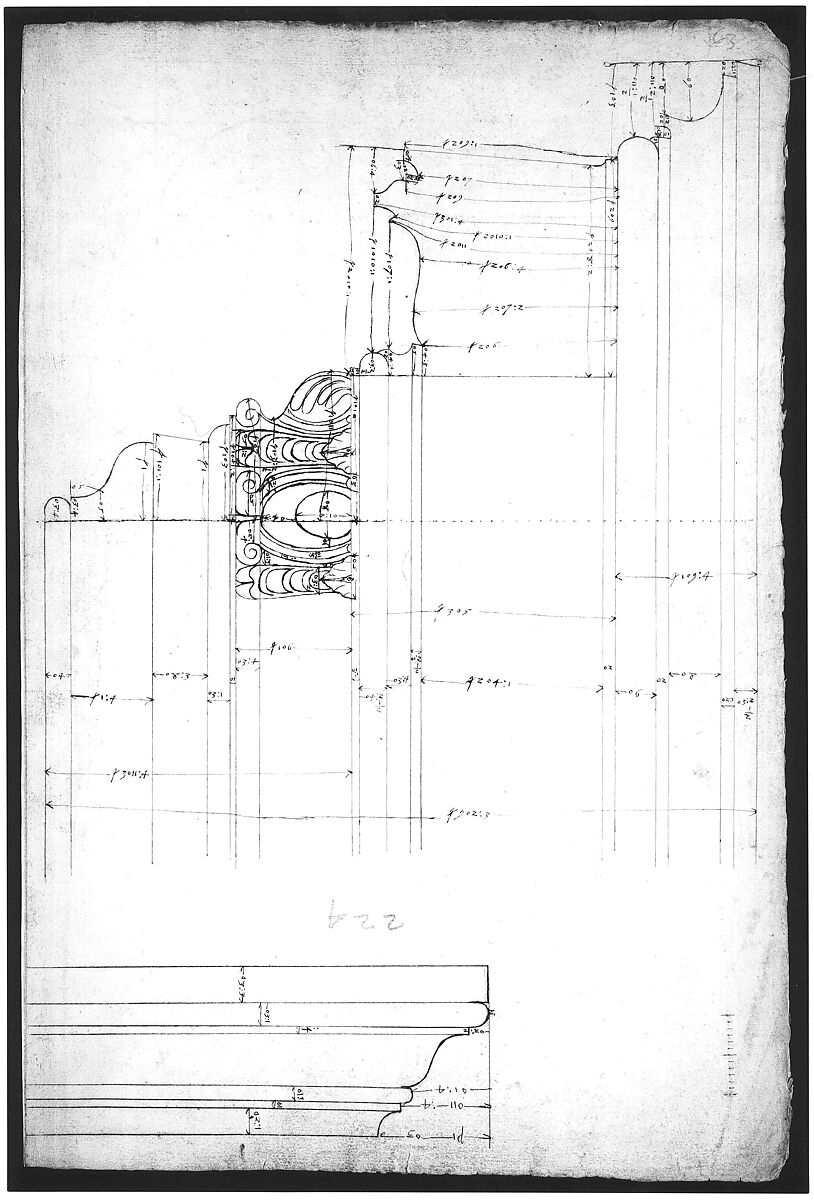 St Peter's, cornice, exterior, profile (recto) Unidentified, moulding, elevation; Unidentified structure, plan  (verso), Drawn by Anonymous, French, 16th century, Dark brown ink, black chalk, and incised lines