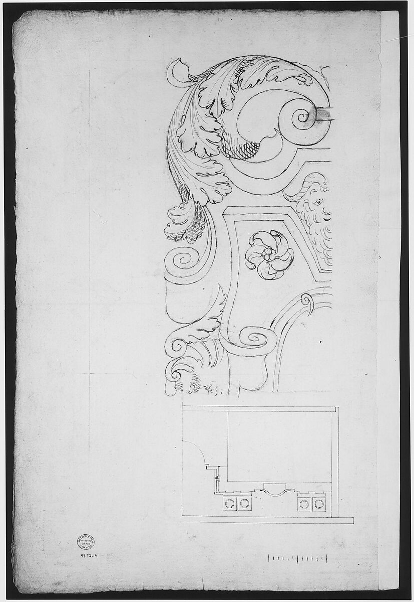 St Peter's, cornice, exterior, profile (recto) Unidentified, moulding, elevation; Unidentified structure, plan  (verso), Drawn by Anonymous, French, 16th century, Dark brown ink, black chalk, and incised lines