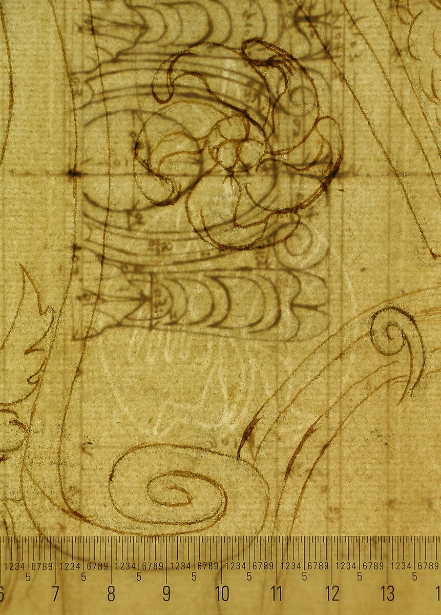 St Peter's, cornice, exterior, profile (recto) Unidentified, moulding, elevation; Unidentified structure, plan  (verso), Drawn by Anonymous, French, 16th century, Dark brown ink, black chalk, and incised lines