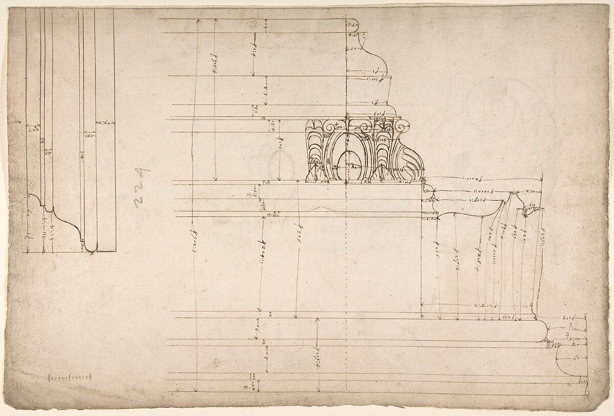 St Peter's, cornice, exterior, profile (recto) Unidentified, moulding, elevation; Unidentified structure, plan  (verso), Drawn by Anonymous, French, 16th century, Dark brown ink, black chalk, and incised lines 